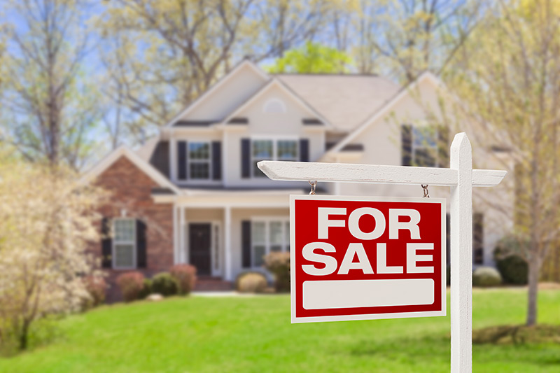 Red for sale sign with house blurred in background.